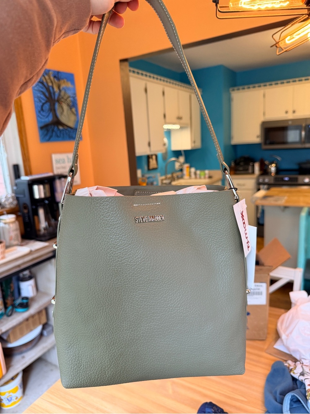 Steve Madden Olive Green Pebbled Leather Shoulder Bag - Picture 1 of 5